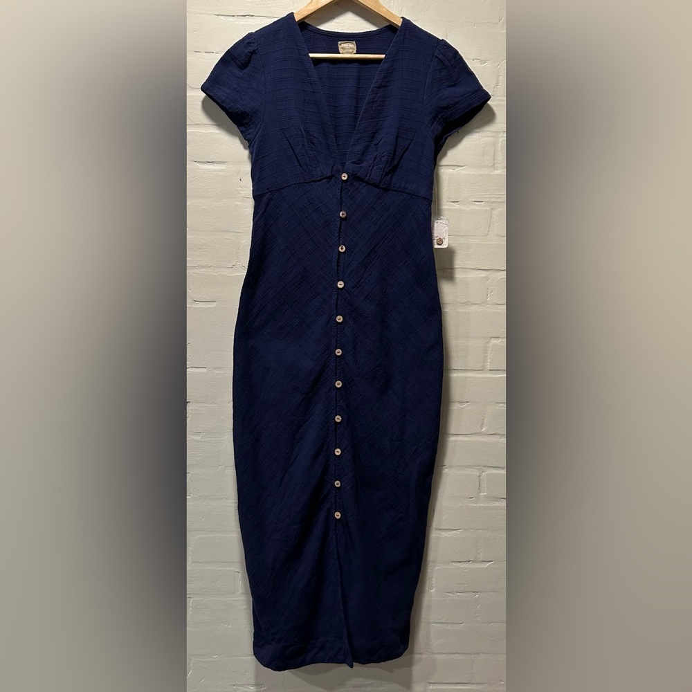 Free People New In Town Navy V-Neck Button Up Midi Boho Coastal Dress Size M - Picture 3 of 7